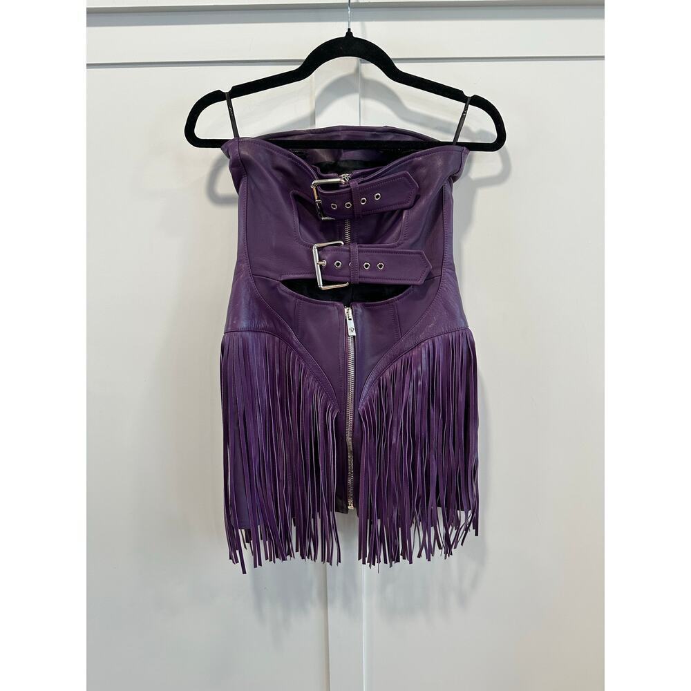 Versace Runway Bright Dark Orchid Leather Fringe Mini Dress - Picture 5 of 16